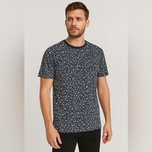 Jack & Jones men's stylish floral blue crew neck tshirt size M/L 100% cotton